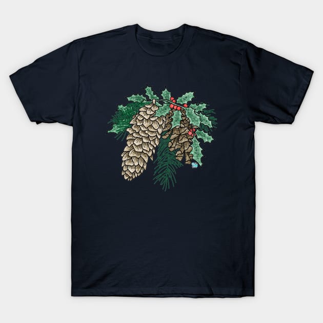 Evergreen, Pinecones, and Holly T-Shirt by ColorMix Studios